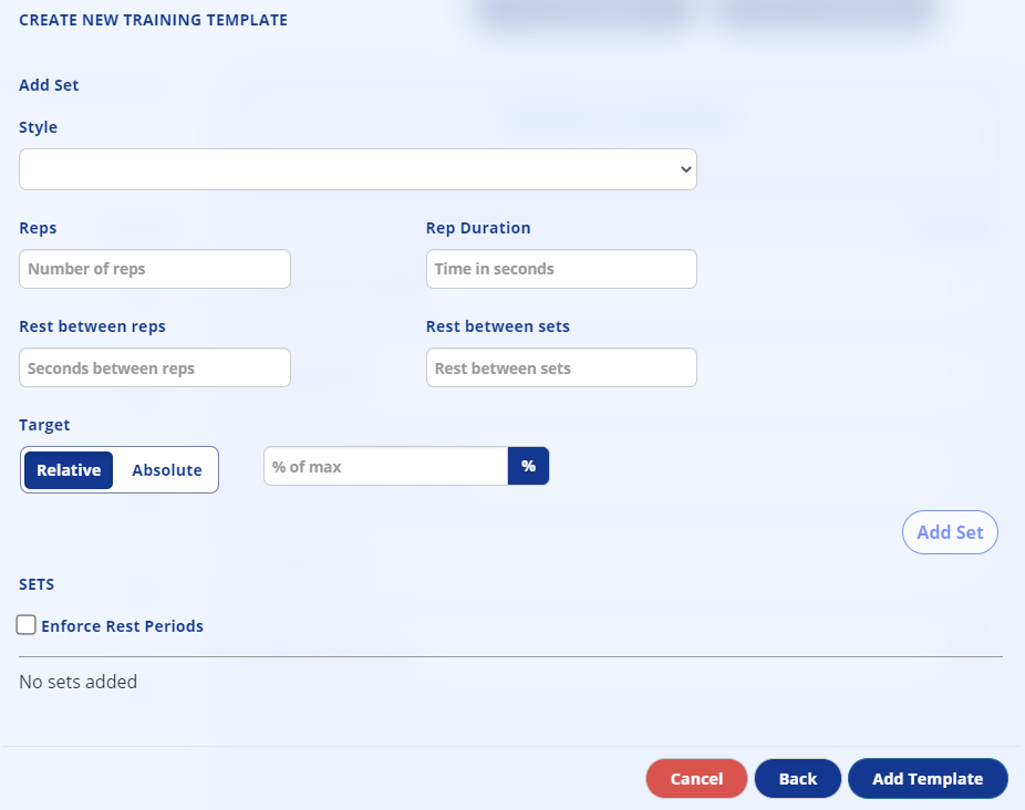 New Template Training Parameters Screenshot